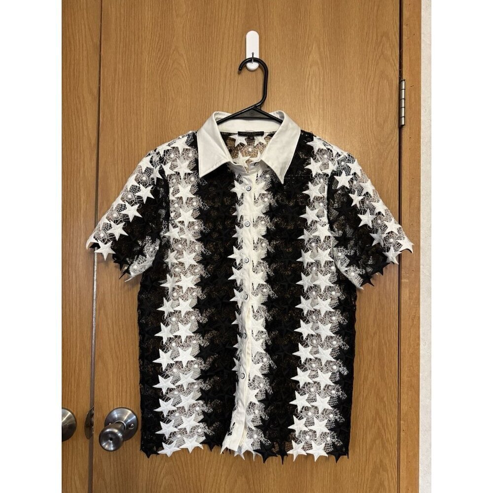 ALBERTO MAKALI Star Full Lace Button Shirt Striped Black White Quiet Lux Money M